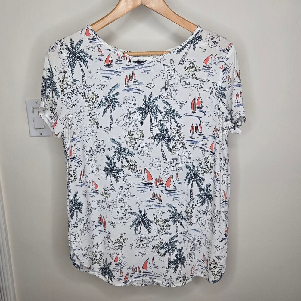 LAUREN CONRAD Summer Sail Boat Scenic Print Womens Short Sleeve Blouse Medium